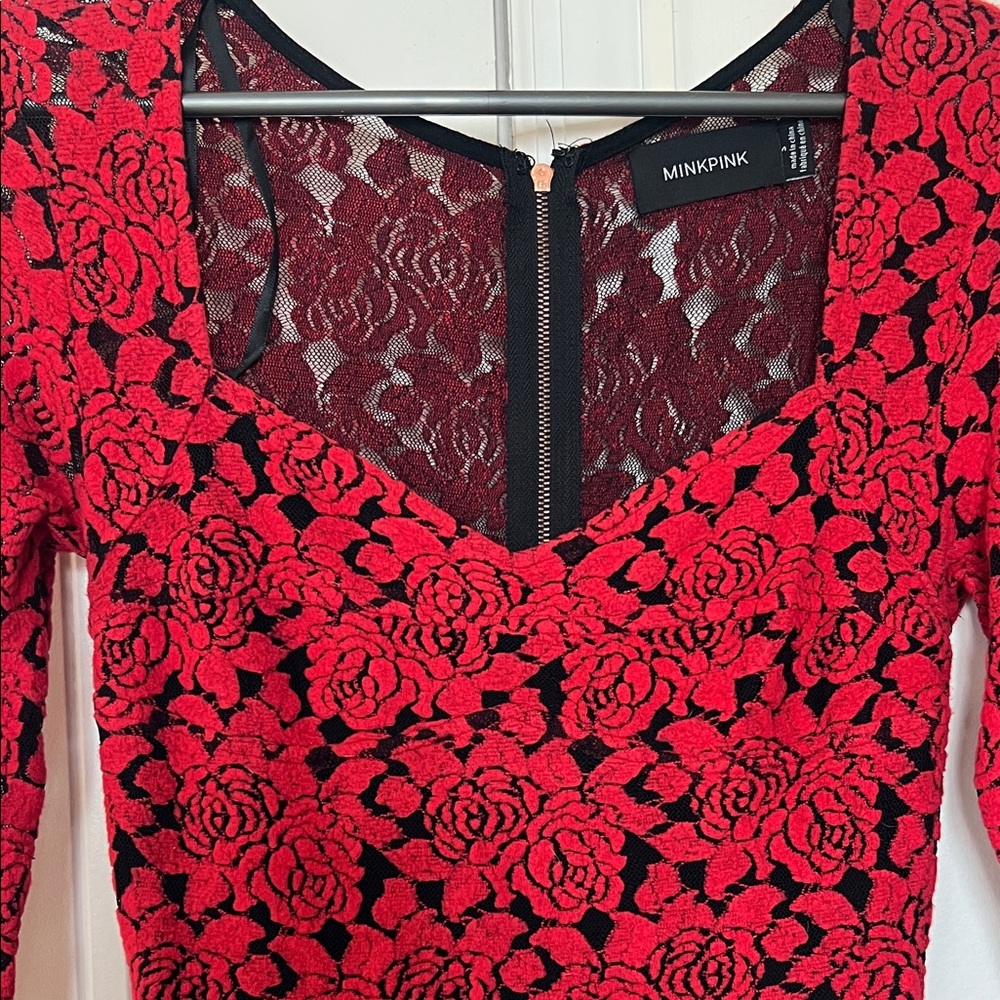 MINKPINK Red Scarlet Roses Burnout Mesh Lace Dress 3/4 Sleeve Size S